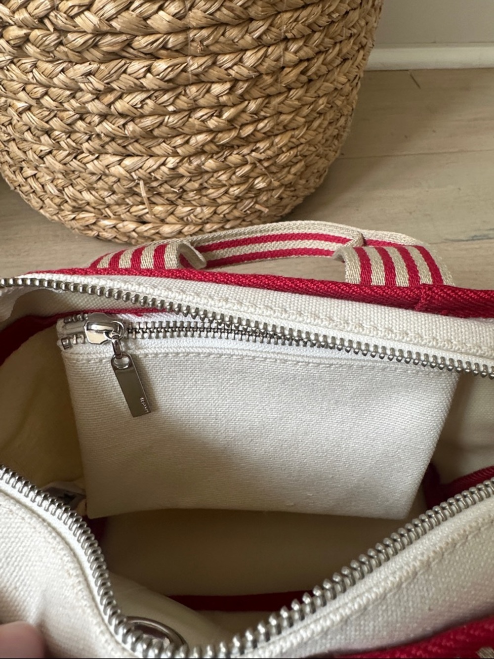 NWT Vintage Y2K Lacoste Cream Canvas Mini Tote with Red Stripes - Picture 5 of 11